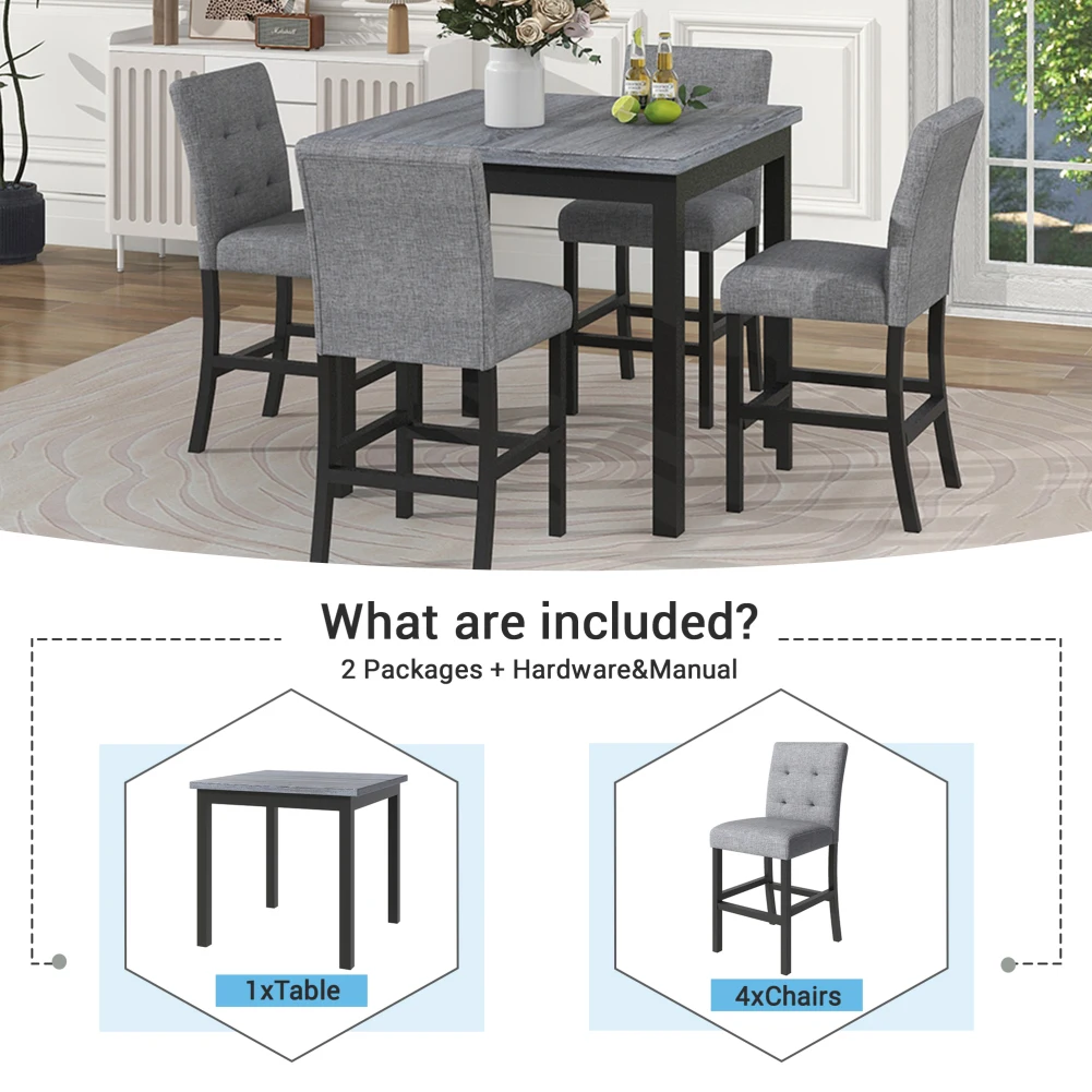 5-Piece Counter Height Dining Set, Kitchen Table Set With Footrest & 4 Upholstered High-Back Chair, Dining Table Set