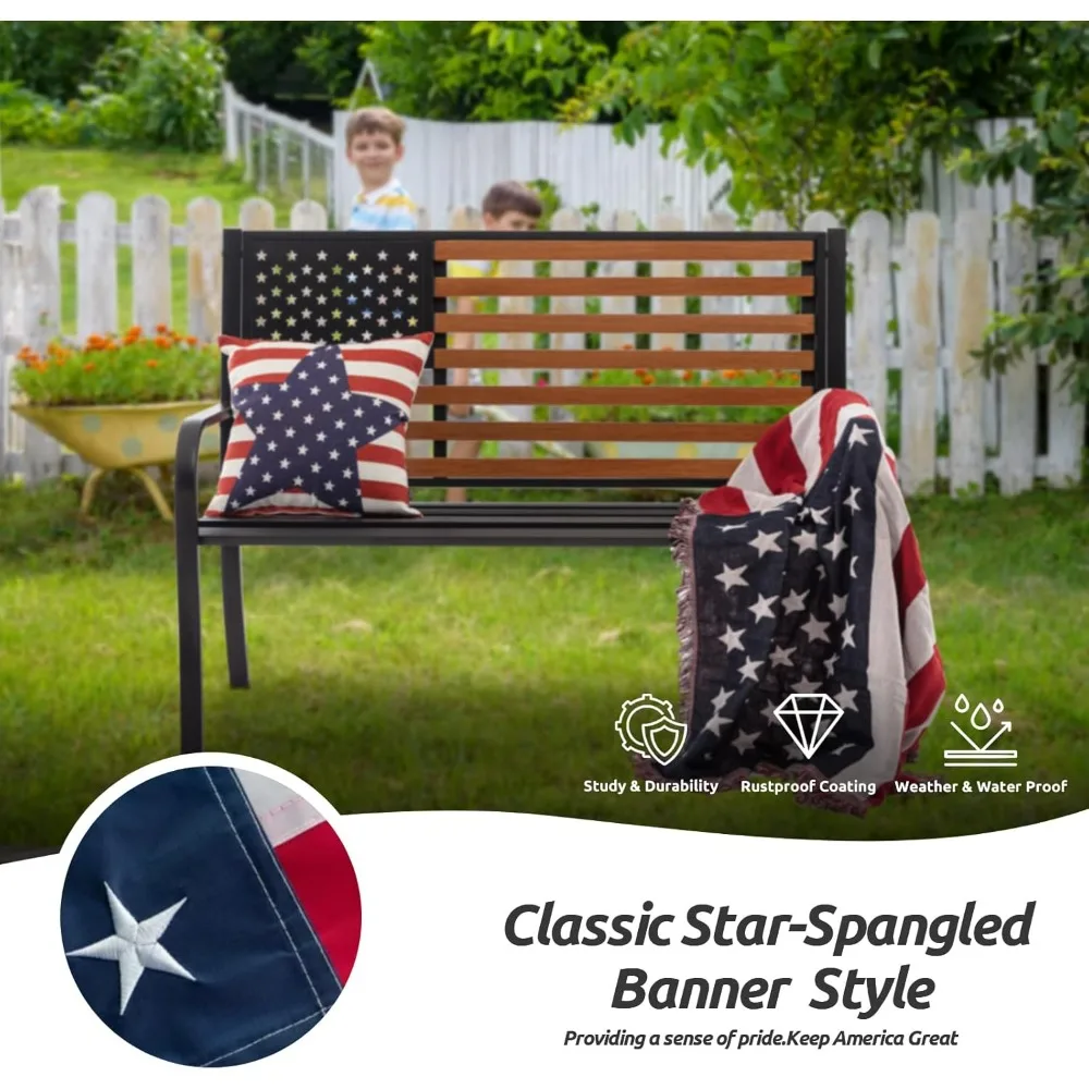 50” Outdor Bench Garden Bench with American Flag Style, Sturdy Cast Iron Metal Frame Patio Park Bench for Porch Yard Lawn Deck