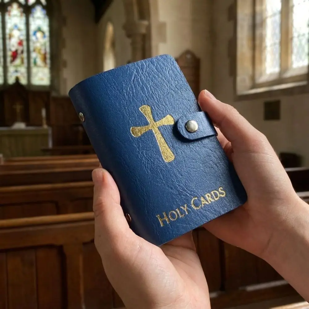 PU Leather Prayer Card Holder Compact 40 Slots Holy Card Booklet Snap Closure Waterproof Prayer Card Organizer Baptism Gift