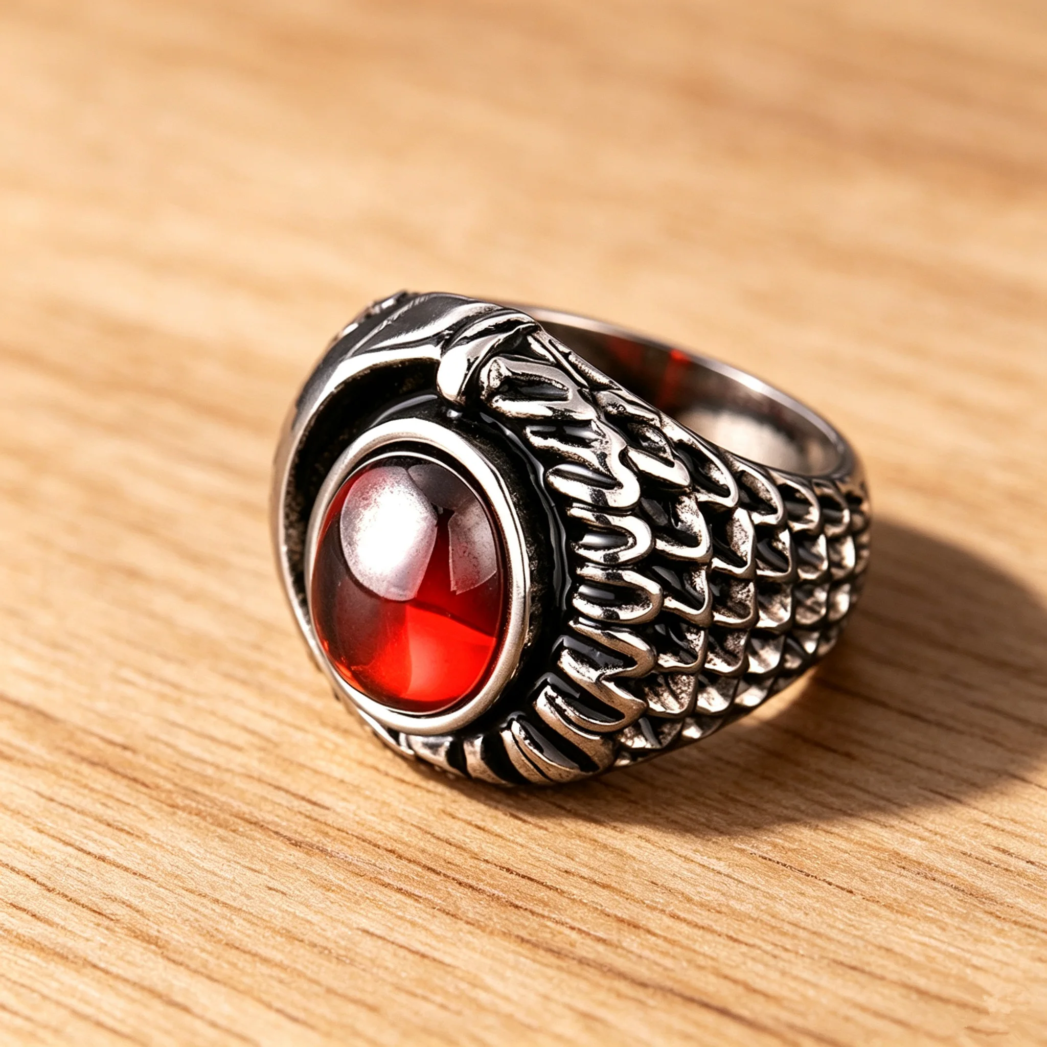 Men Titanium Steel Ring Red Gemstone Inlay Feather Scale Pattern Vintage Biker Punk Finger Ring Retro Male Jewelry Gift