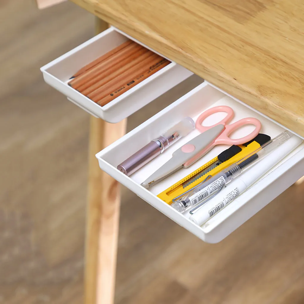 Self Stick Pencil Tray Desk Table Storage Drawer Organizer Box Under Desk Stand Self-adhesive Under-drawer Storage