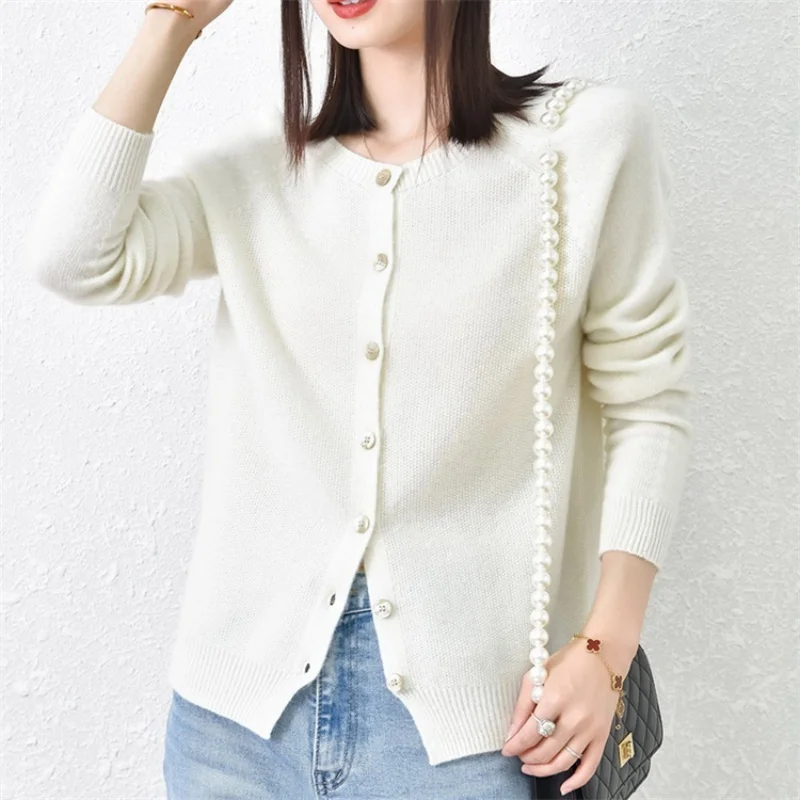 Birdtree, 100% Sheep Wool Soft Cardigan, O-neck Long Sleeve Tops, Women's Seamless Knitted Chic Coat, 2026 Autumn New T69514JF
