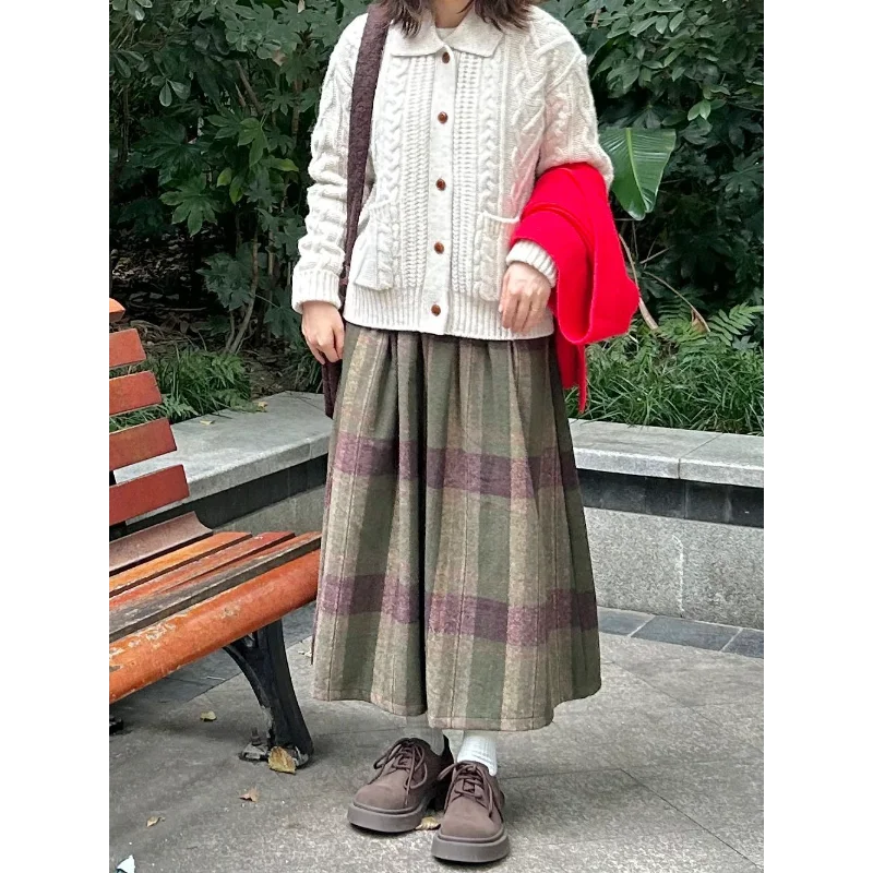 그린 올 매치 두꺼운 울 숲속 레트로 패션 캐주얼 대비 체크무늬 하프 스커트 중간 길이 신축성 있는 허리 우아한 스커트