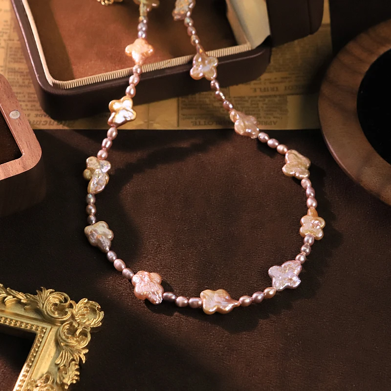 Natural Freshwater Purple Baroque Flower Pearl Necklace for Women Daily Wear Party Dating Pearl Choker Minimalist Jewelry