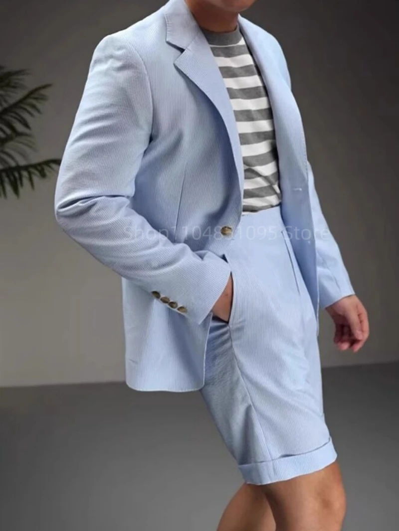 

2 Pieces Blue Striped Summer Seersucker Men Suits Notched Lapel Blazer Wedding Suit Jacket Short Pants Casual Slim Fit Men Suits