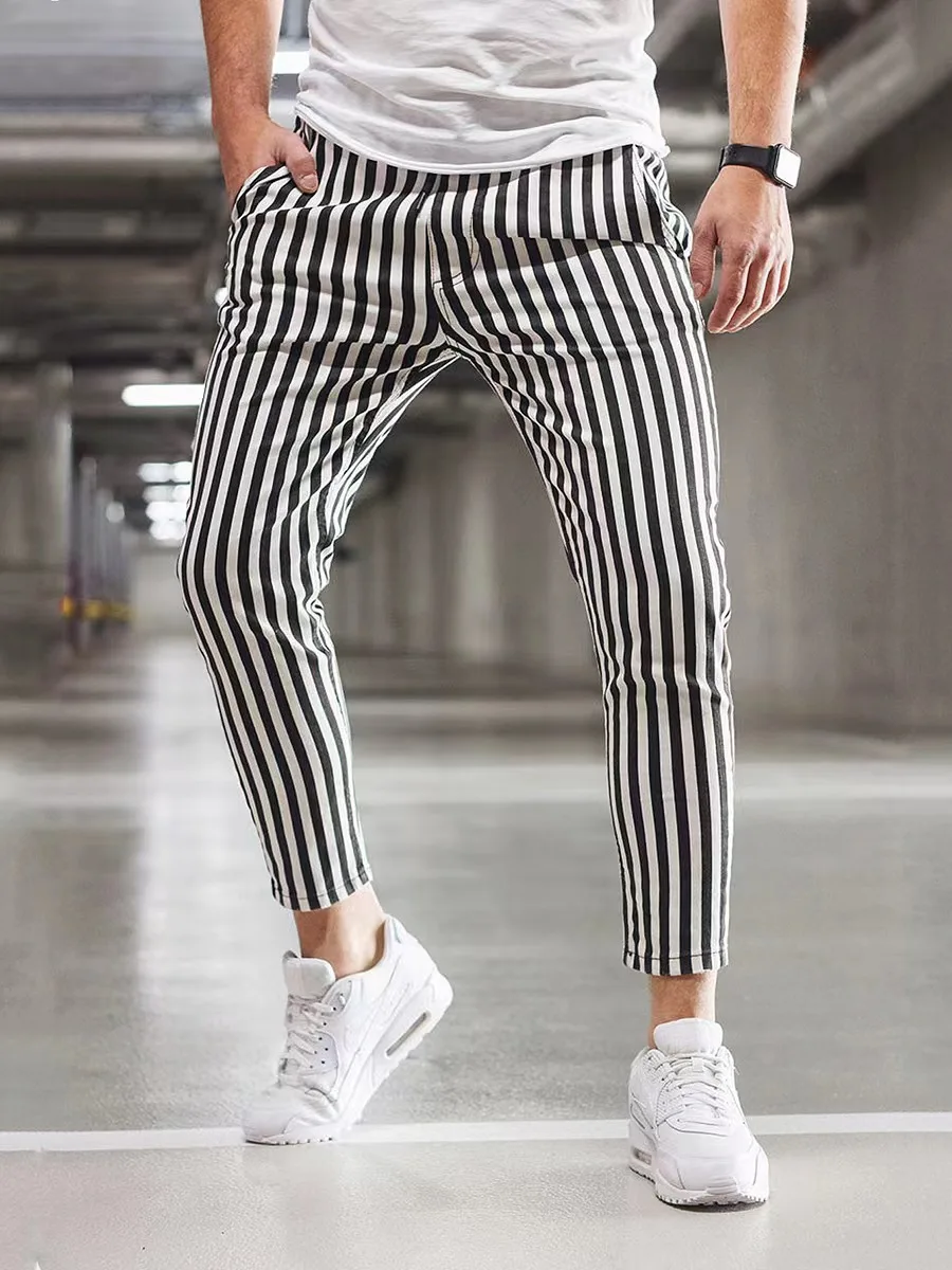 Winter New Men\'s Printed Casual Fashion Stripe Mid Waist Pencil Pants Slim Fit Trendy Pants