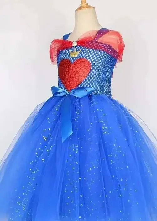 Halloween Sparkly Red Heart Tulle Tutu Dress Girls Shiny Mesh Layered Gown With Rhinestone Crown Kids Daily Casual Outfit Set