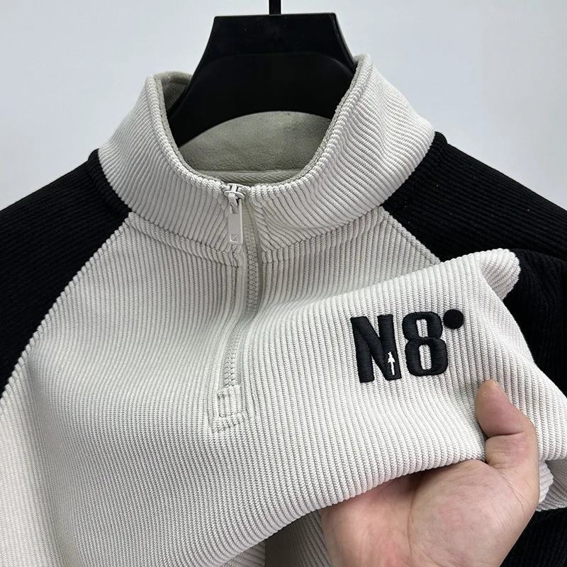 بلوفر رجالي عتيق مبطن بالصوف سميك دافئ بسحّاب بلوفر رجالي نصف ياقة عالية وأكمام طويلة مع قلنسوة ملابس الشارع الشهير