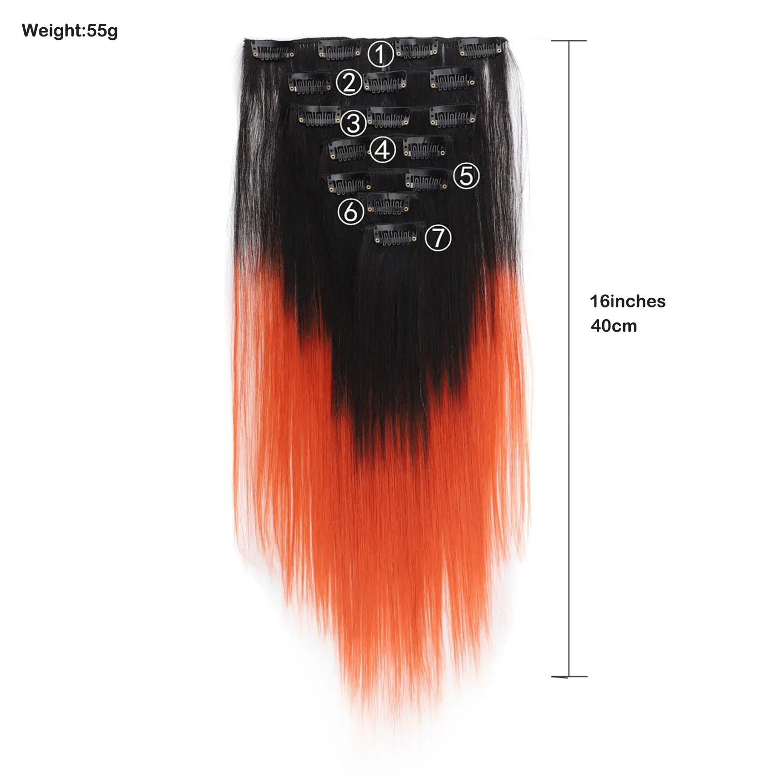 7Pcs Clip In Hair Extensions 16 Inch Short Black Orange Ombre Straight Synthetic Hair Pieces Hair Extensions For Women Daily
