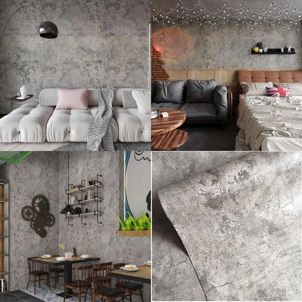 ورق جدران مزخرف خرساني عريض للغاية قابل للتقشير واللصق رمادي فاتح غير لامع سميك 31.5 × 394 ورق اتصال على الطراز الصناعي القديم لـ #1