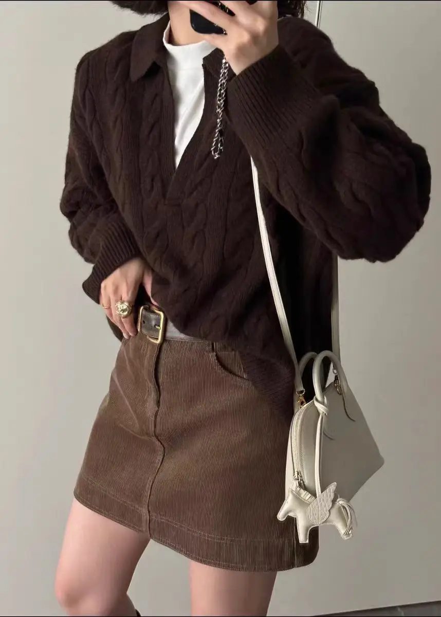 Old money style 100%wool sweater women's 2026 autumn and winter new lapel knitwear European goods hemp flower bottom sweater