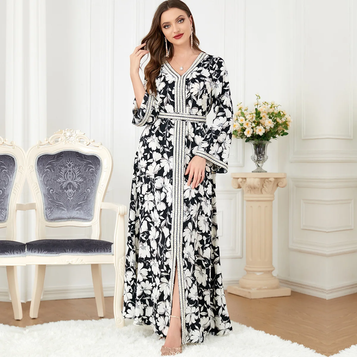 3244 Arab Women's Fashion Print Splice abaya Long Sleeve Dress Autumn Women