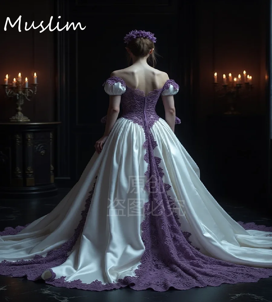 Robe de mariée gothique élégante violette avec blanc, manches courtes, en dentelle, robe de mariée médiévale, elfe, romantique, victorienne, 2026