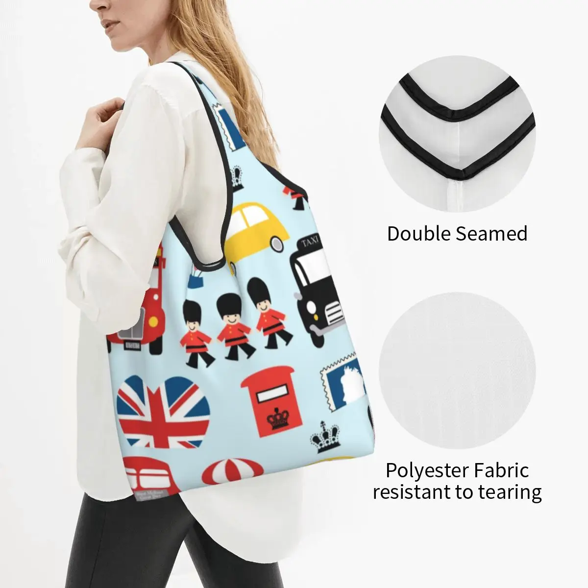 Custom British Flag London Red Bus Car Grocery Shopping Bag Fashion Shopper Tote Shoulder Bags Large Capacity Portable Handbag