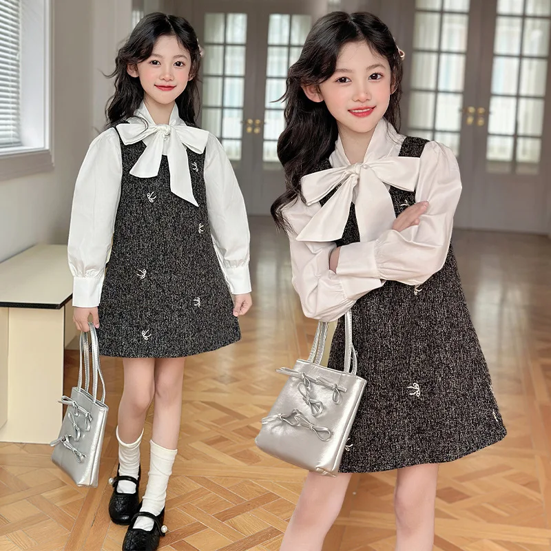 Girls Set 2025 Spring and Autumn New Children Girls Little Fragrant Style Princess Embroidered Shirt Vest Dress Two Piece Set