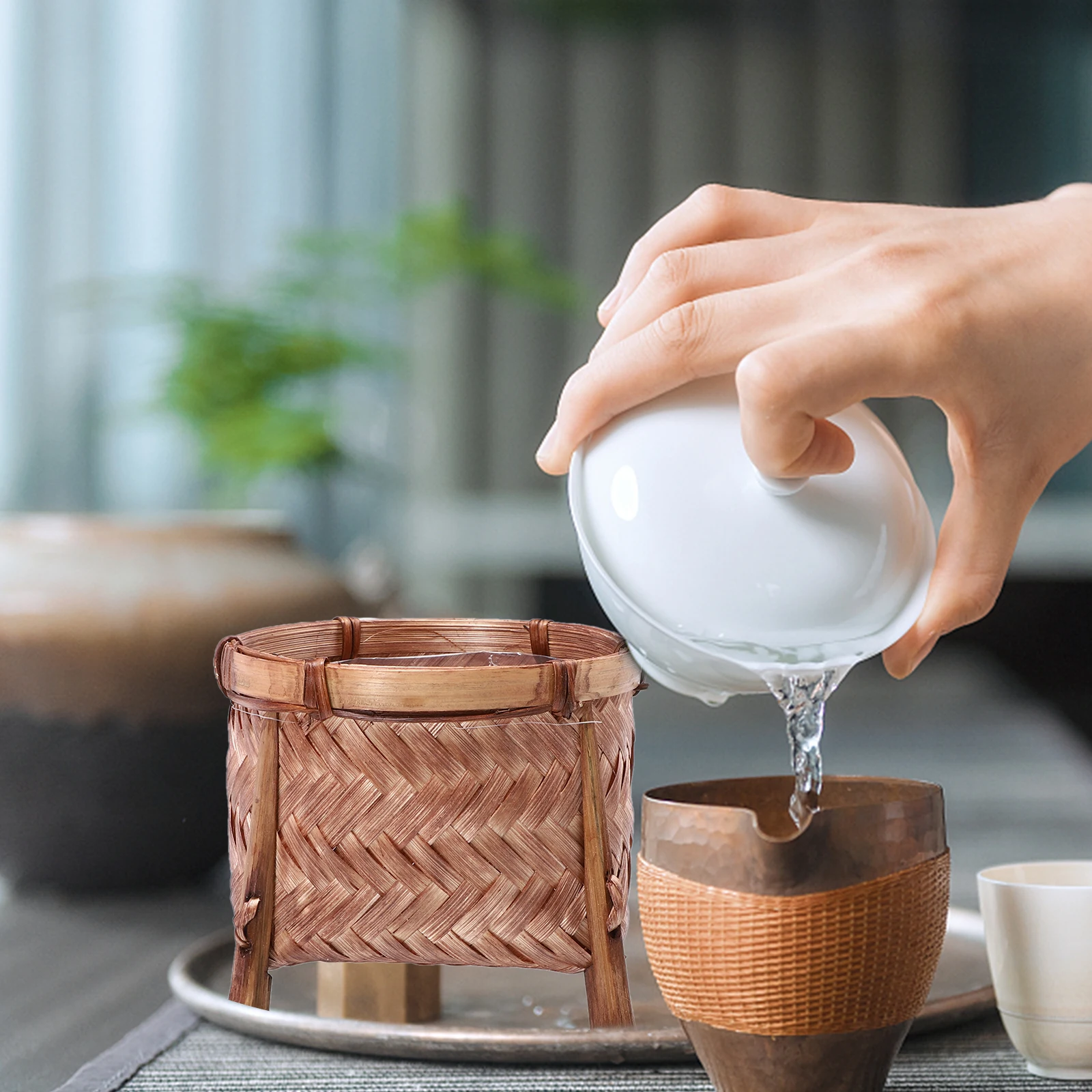 

Bamboo Woven Storage Basket Eco-Friendly Flower Holder Home Decorative Multi-Purpose Basket for Potted Plants Tea Set