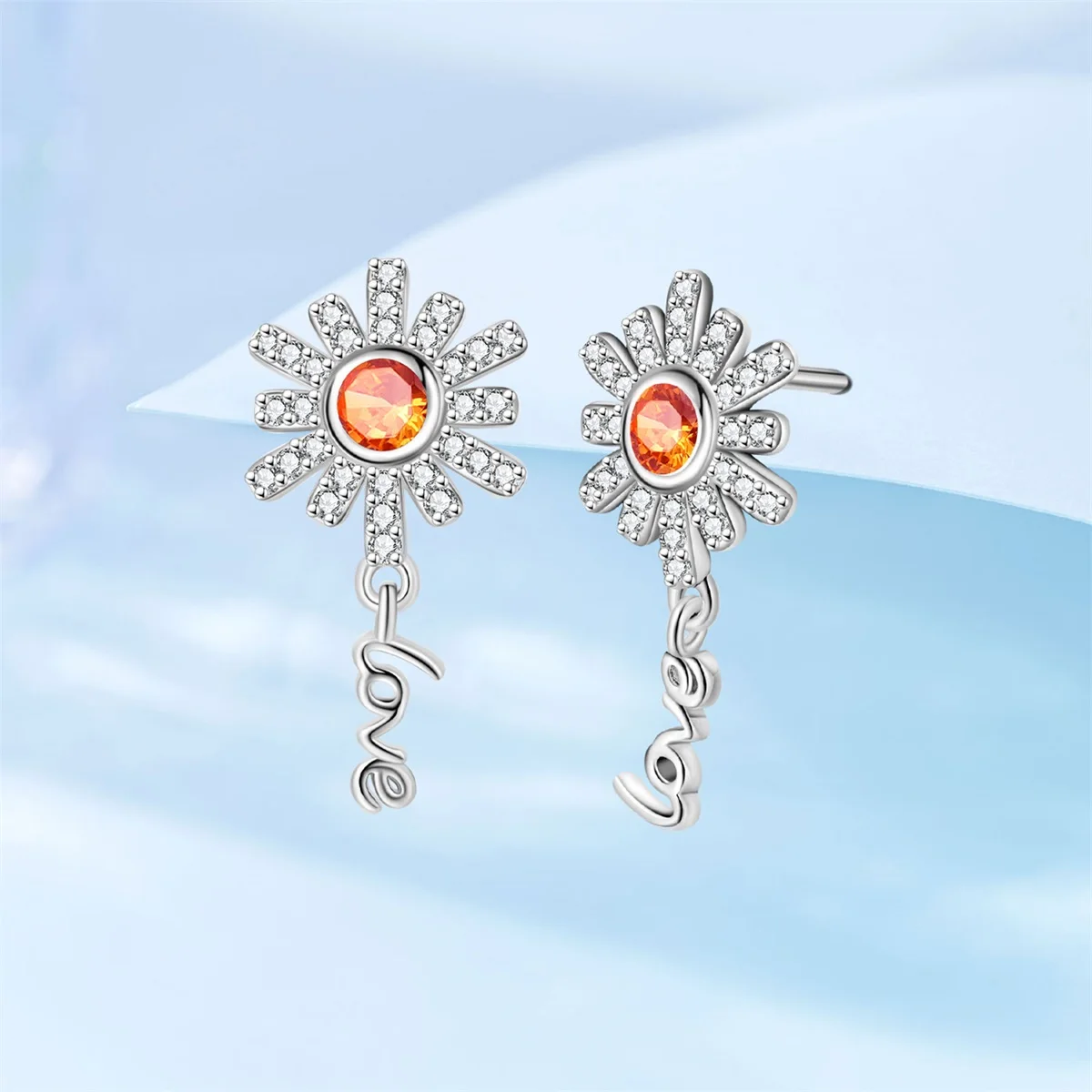 Elegant 925 Silver Plated Daisy Stud Earrings, Orange Simulated Citrine & Sparkling Cubic Zirconia, Delicate 