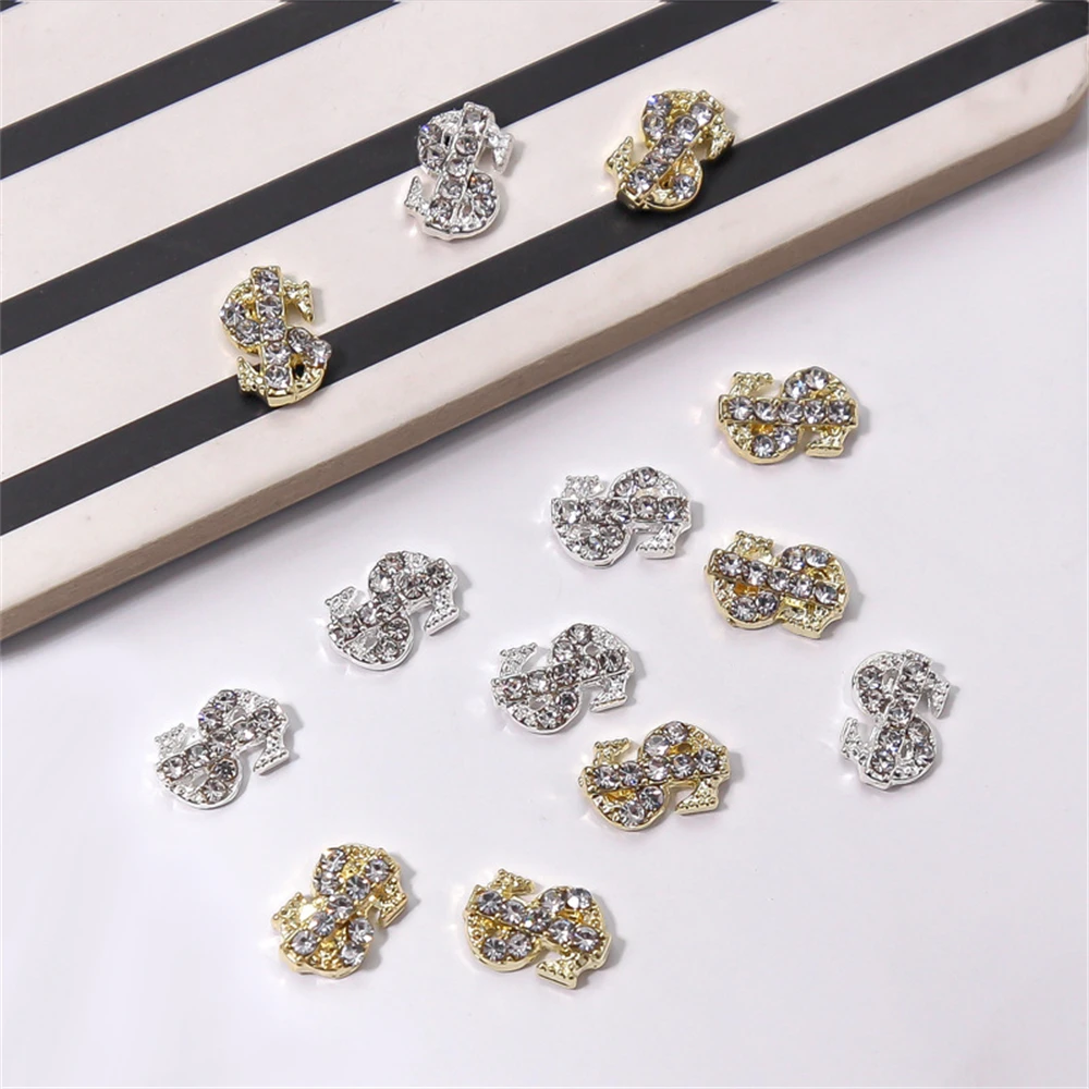 20Pcs Dollar Sign Nail Charm Crystal Money Gold Silver Zircon Nail Rhinestones Stones Gems Bling Diamonds 3D Manicure Decoration