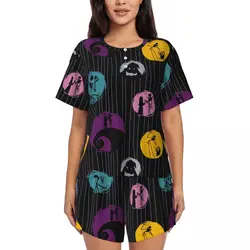 Custom The Nightmare Before Christmas Pajamas Set Women's 2 Piece Short Sleeve Tim Burton Sleepwear Loungewear PJS Shorts Sets