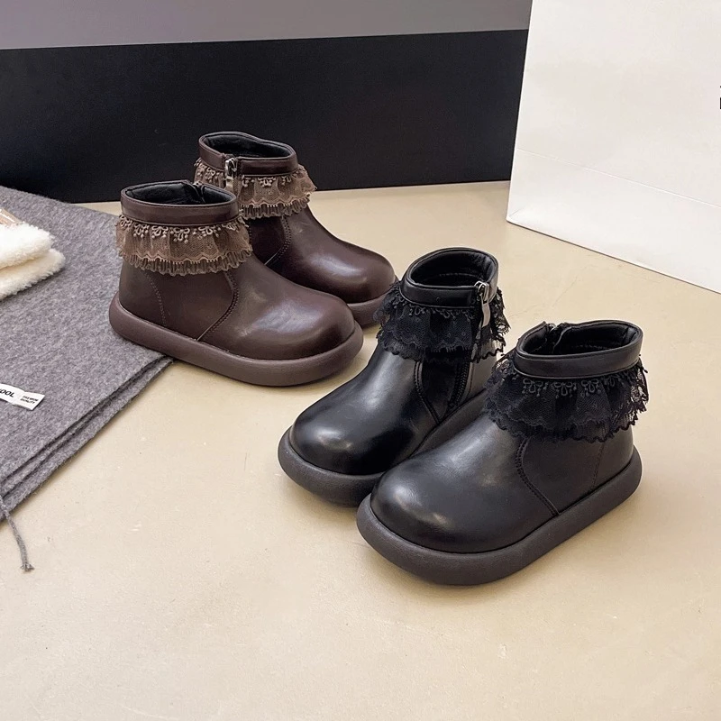 

Girls Cotton Boots Winter Retro New Children Lace Ruffled Edge Princess Ankle Boots Platform Non-slip Kids Fashion Plush Boots