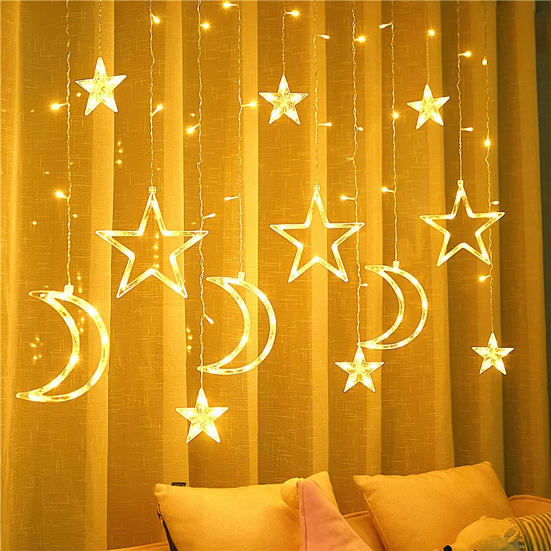 ไฟ LED Star Moon ไฟ LED ผ้าม่าน Fairy ไฟแขวน WARM White Light String สําหรับ EID mubarak ตกแต่ง Ramadan Kareem อุปกรณ์