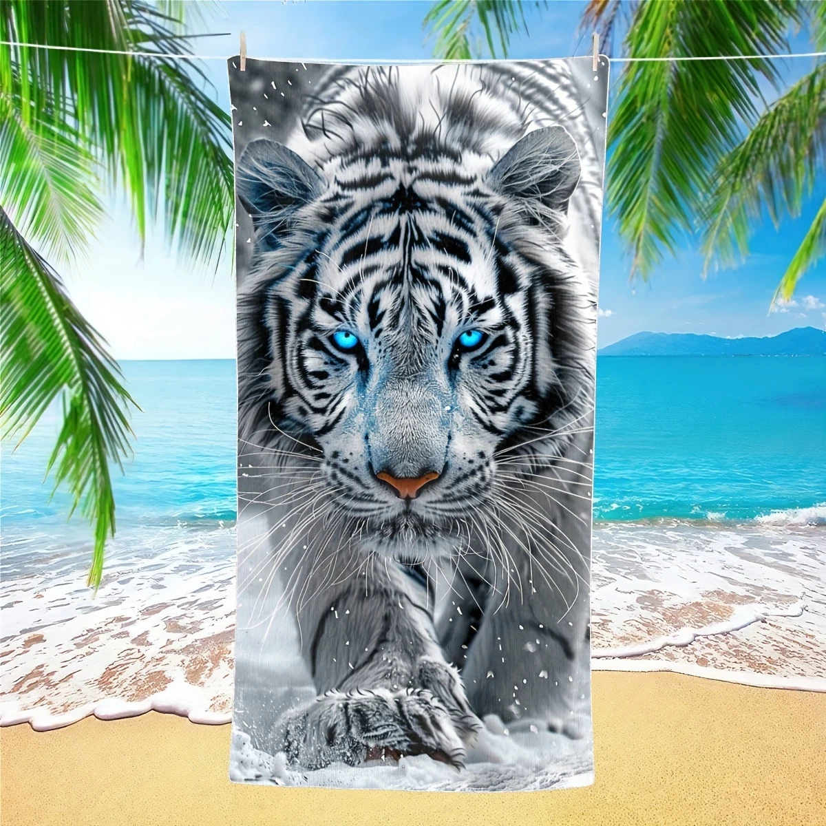 White Tiger Print Extra Large Beach Towel Thick Soft Super Absorbent Quick Dry Machine Washable for Pool Bath Travel Camping All