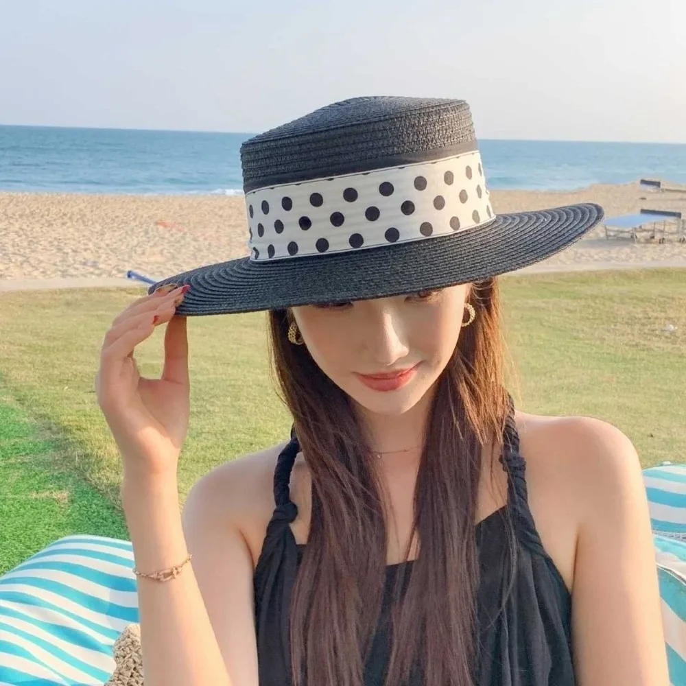 

Elegant Beach Straw Cap Straw Weaving Dot Ribbon Sun Protection Cap Pearl Decoration Flat Top Wide Brim Hat Summer Season