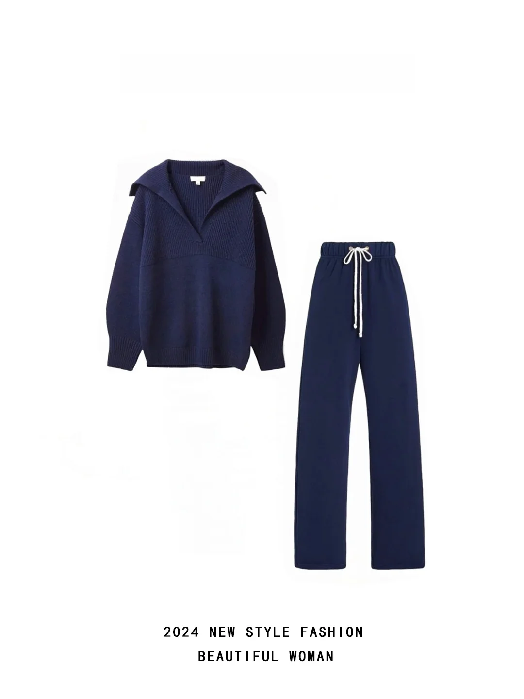 Lazy Style 2024 Autumn High Collar Sweater Pants Two Piece Set Comfortable Loose Fit for All Body Types plus Size Women's Outfit