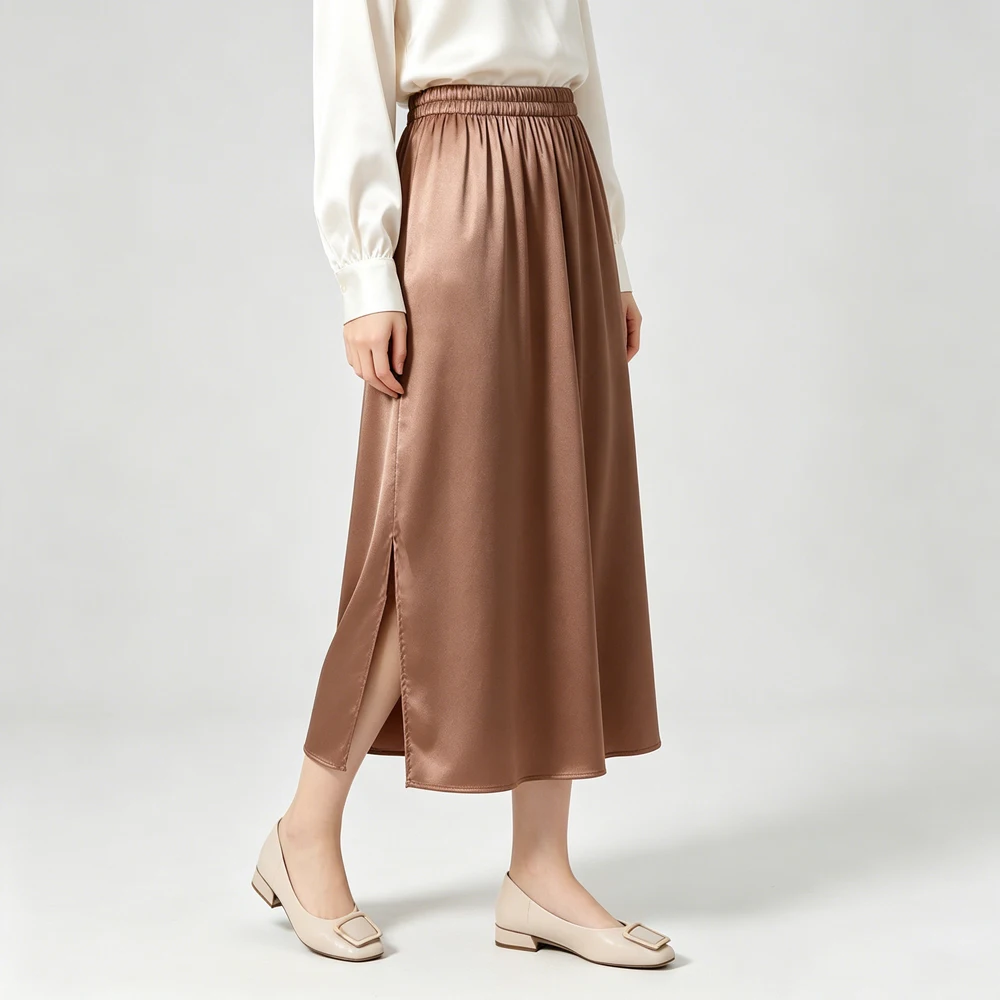 2026 Women's Fashion Summer New Versatile 93% Natural Mulberry Silk Elastic Satin High Waist Solid Color A-line Loose Skirt