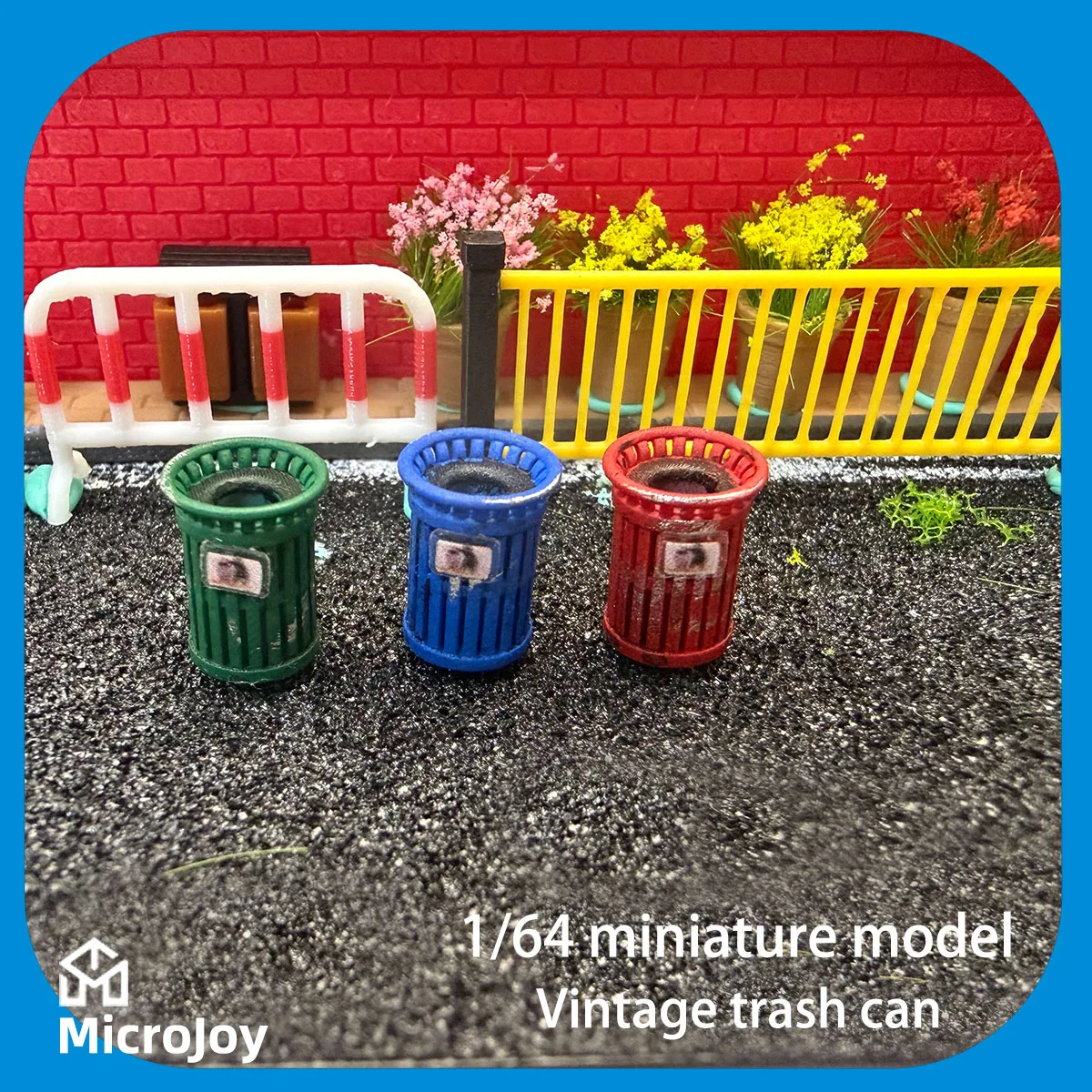 Scène détaillée : Atelier de réparation miniature à l'échelle 1:64, poubelle vintage, mini ornement de recyclage des déchets, scène de modèle de voiture avec décoration de style ancien