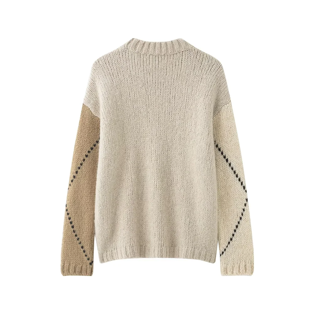 2025 겨울 신상 여성 패션 캐주얼 다용도 루즈 라운드넥 긴팔 풀오버 다이아몬드 패턴 니트 스웨터