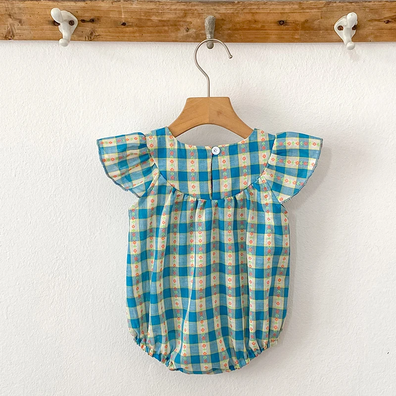 ملابس صيفية للأطفال البنات رومبير مطرز لحديثي الولادة شبكة زرقاء من القطن بأكمام طائرة ملابس أطفال من عمر 0 إلى 24 شهرًا ملابس بناتي #5