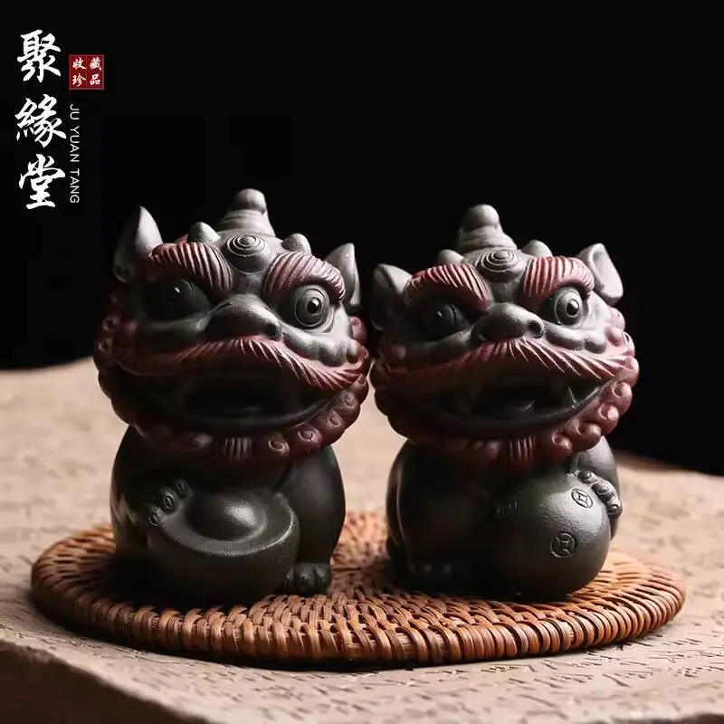 Yixing Purple Clay Pet Figurine, Thousand Lions Ruyi Pair Of Lions, Famous Artist Gao Shui Bo, Fully Handmade, Premium Kung Fu