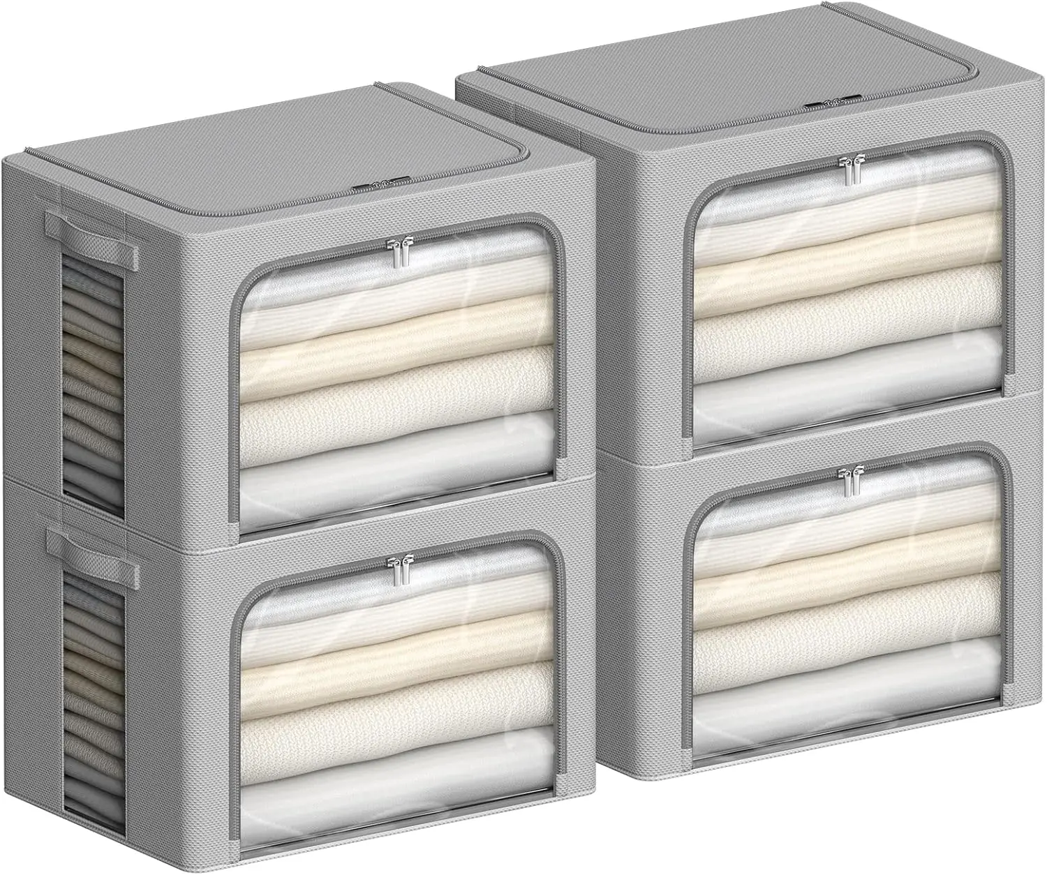 4 Pack Clothes Storage Bins - Oxford Fabric Metal Frame Storage Box - Foldable Stackable Container Organizer Set With Clear