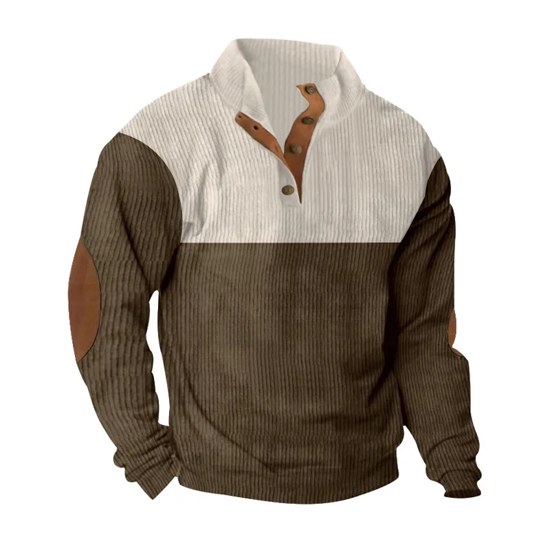 Frühling und Herbst Europäisches Herren-Outdoor-Casual-Sport-Sweatshirt mit Knopfleiste und Stehkragen aus lockerem Cord mit Farbblockmuster – Detail 29