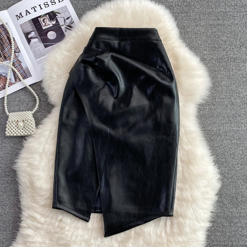 Hoge taille PU-leren rok Asymmetrisch Halflang Dames Faionable OL Strakke pasvorm Wikkel rond rok Pendelen Sle Pure kleur