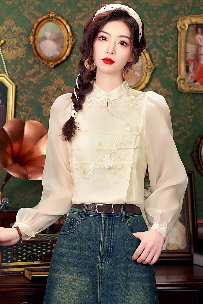 Fashion Chinese Style Embroidery Chiffon Women Blouse Shirt Tops Blusas Mujer De Moda 2024 Long Sleeve Blouse Women Blusa H518