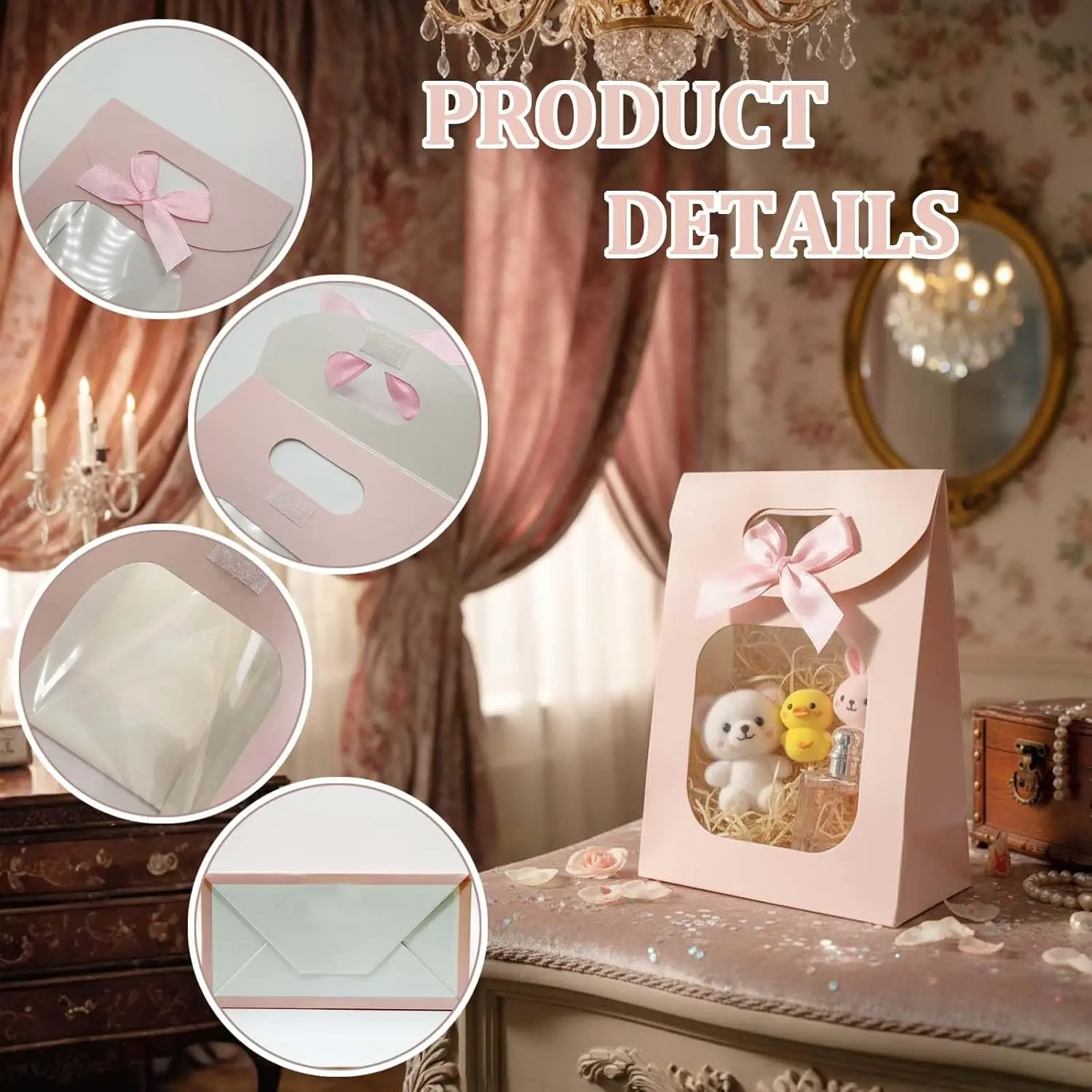 10 Stück rosa Mini-Kraftpapiertüten mit klarem Fenster, Geschenktüten mit Griffen für Süßigkeiten, Kekse, Hochzeit, Weihnachtsfeier – Detail 3