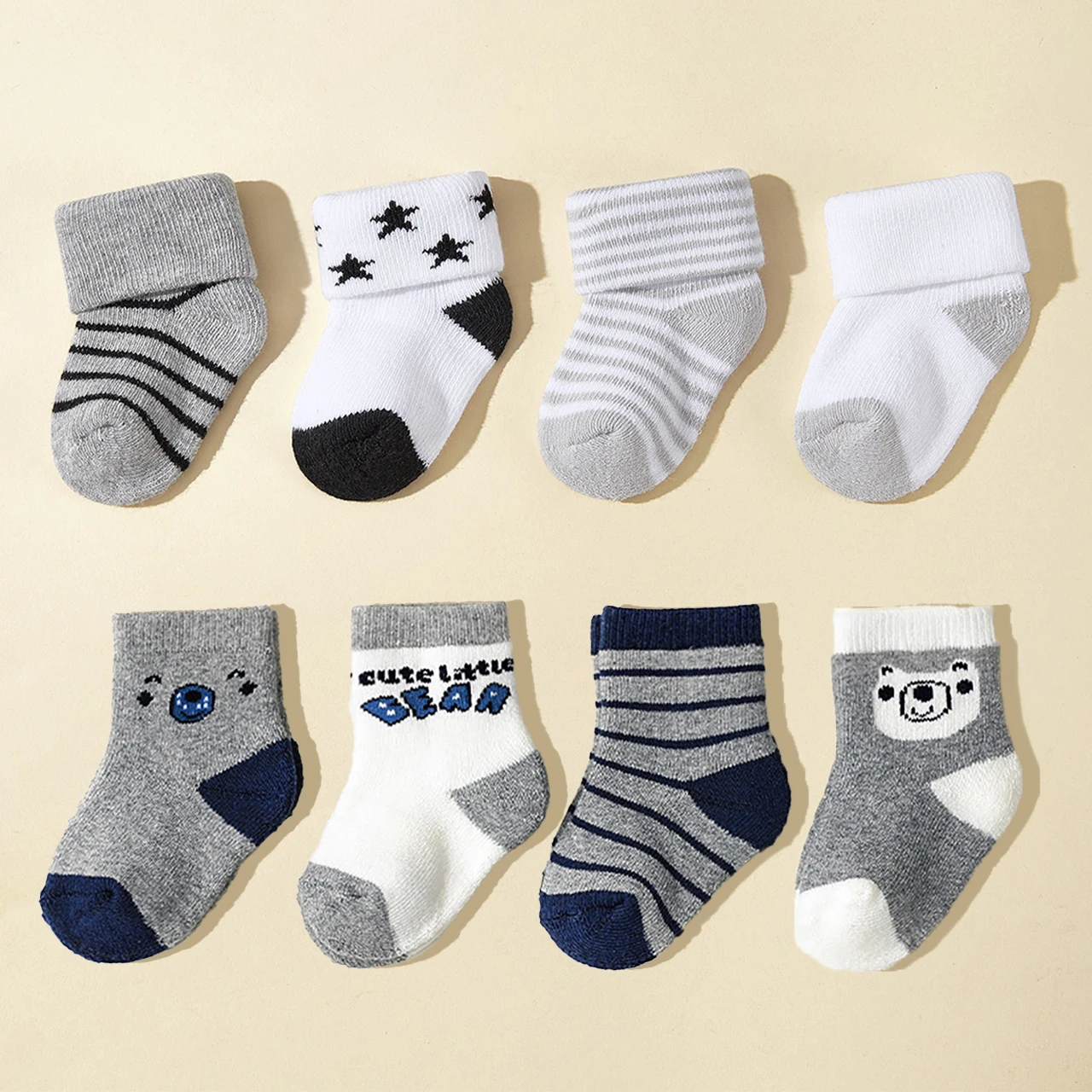 4Pairs Winter Warm Baby Terry Socks Cartoon Bear Kids Middle Tube Sock Fashion Stripe Thicken Plush Socks 0-1Year Kids Footwear