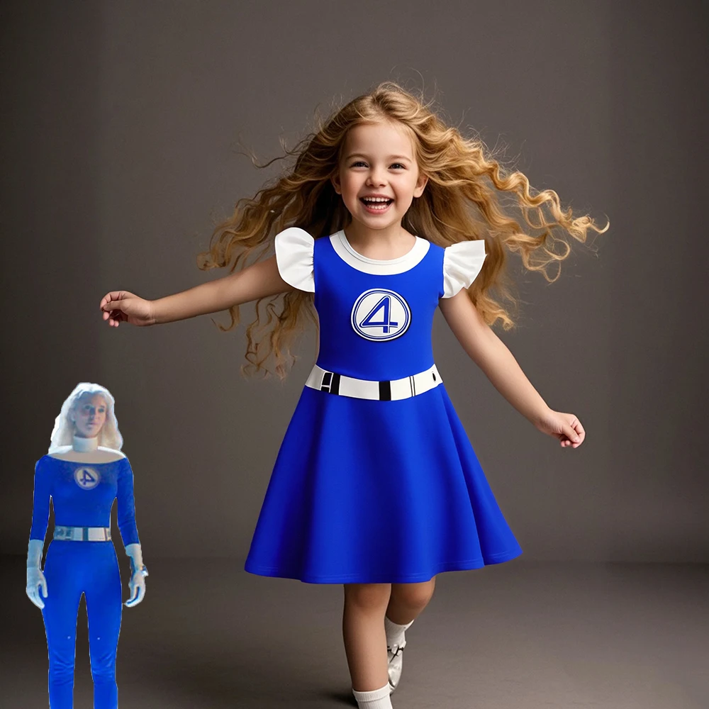 

Girls Invisible Woman Cosplay Dress Sue Storm Costume Movie Cosplay Navy Blue Clothing Kids Birthday Party Gifts Halloween Skirt