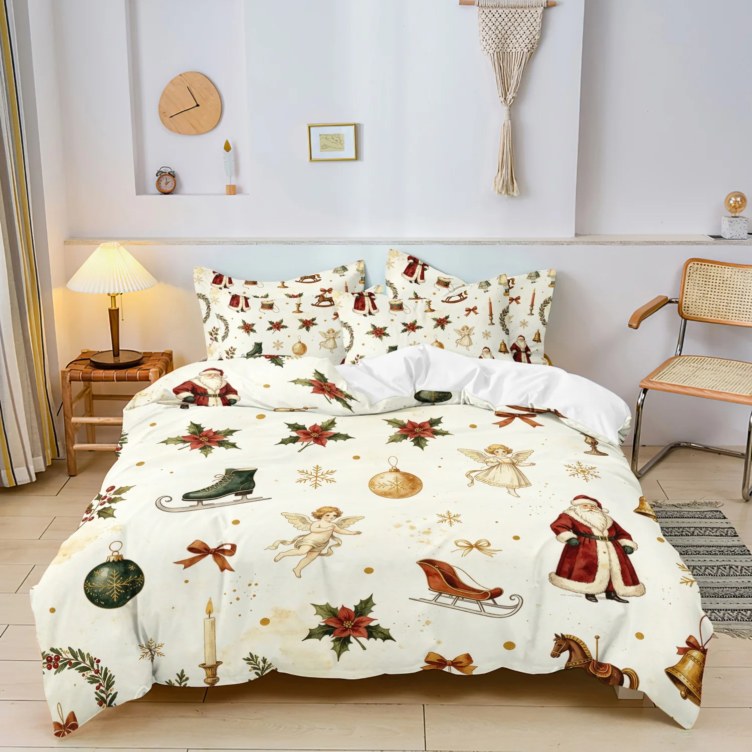 3Pcs Antique Christmas Bedding Set, Old Santa Angel Sleigh Ornament Print Duvet Cover, For Family Bedrooms Dormitories Hotels