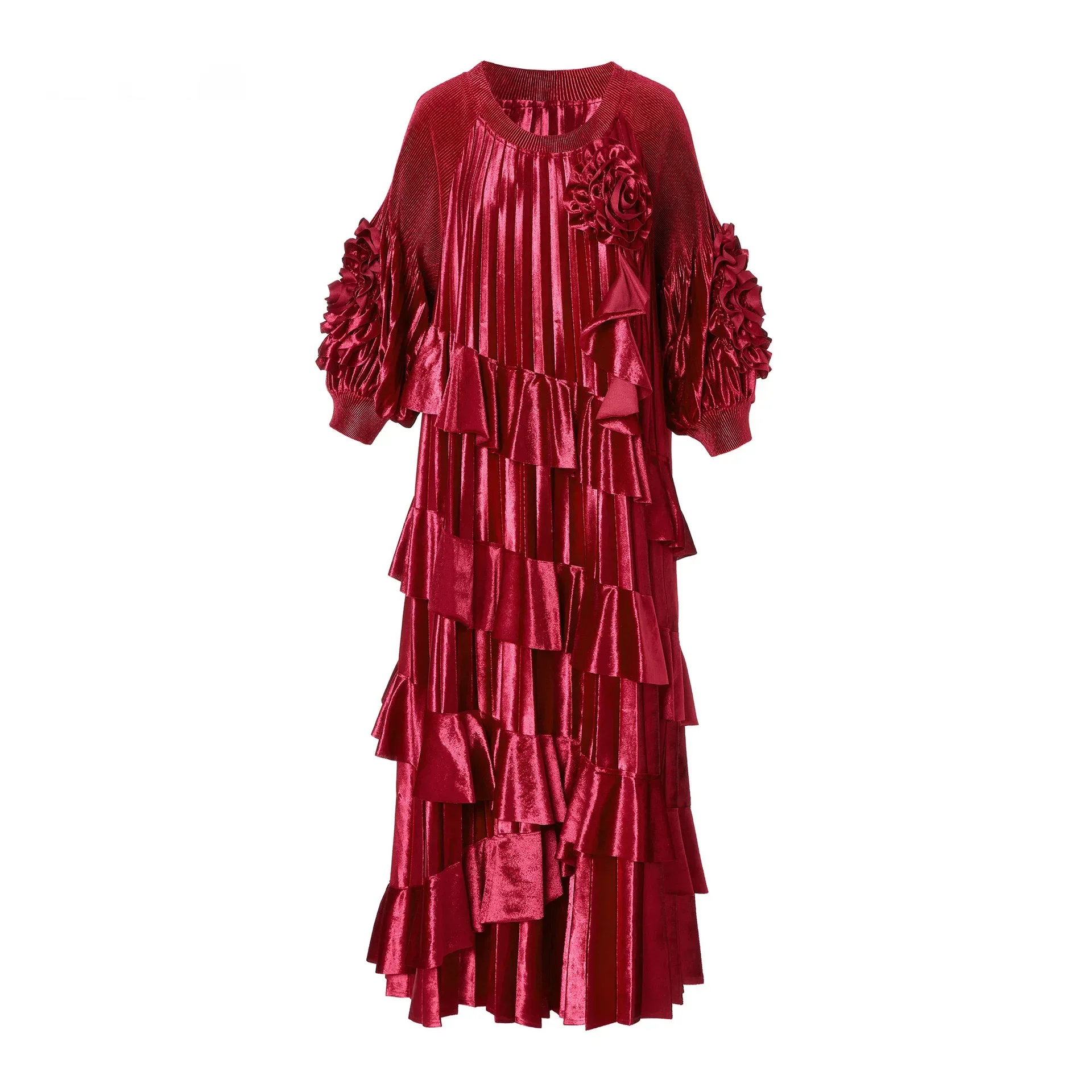 Miyake Pleated Noble Broad Lady Luxury Velvet Dress Mother Autumn Winter New Red Long Skirt High-end Large Size Wedding Dresses