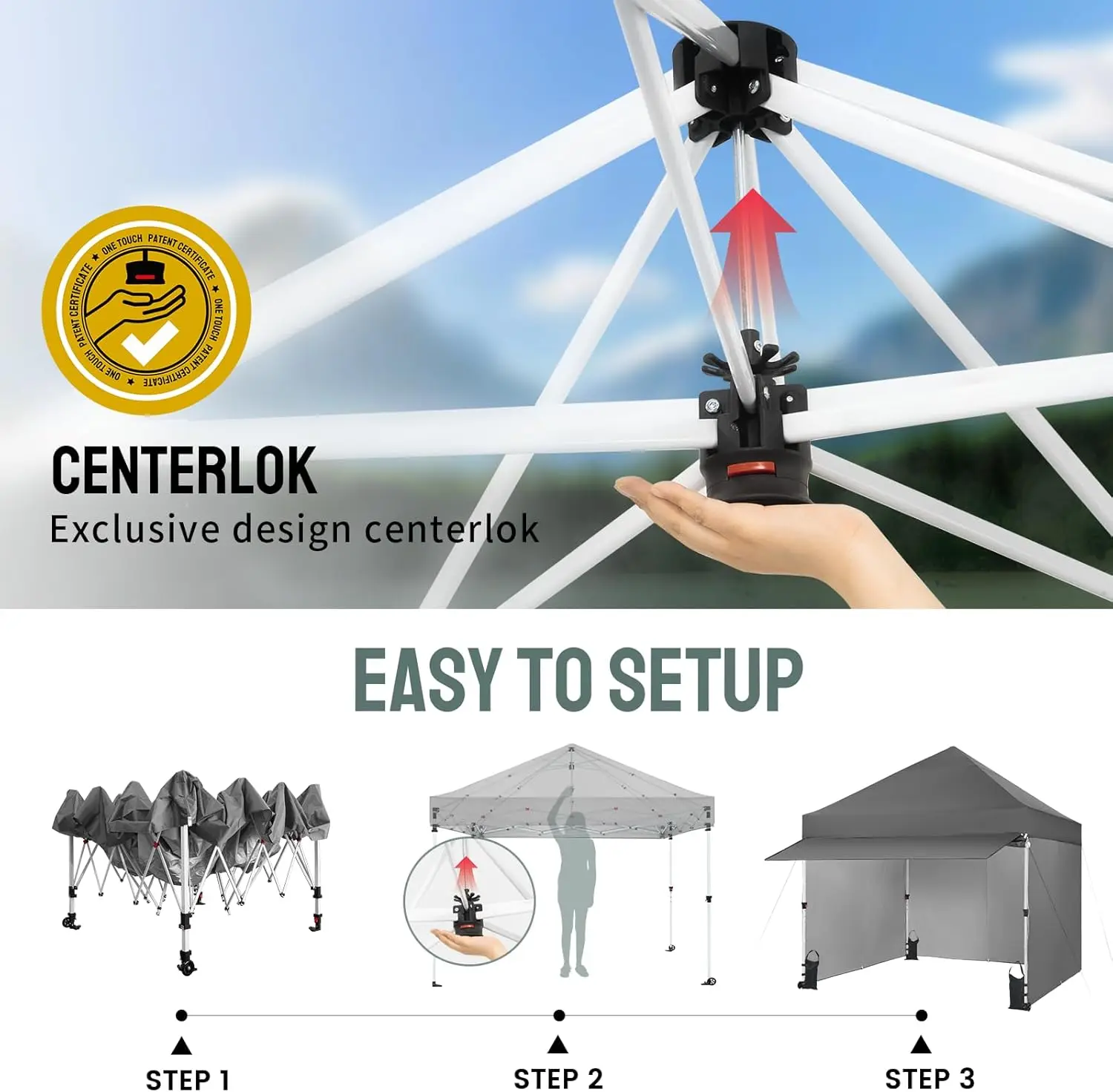 10x10 Pop Up Canopy Tent for Commercial Use - 4 Sidewalls, 1-Person Setup, Patended Centerlock, Extend Awning, 4