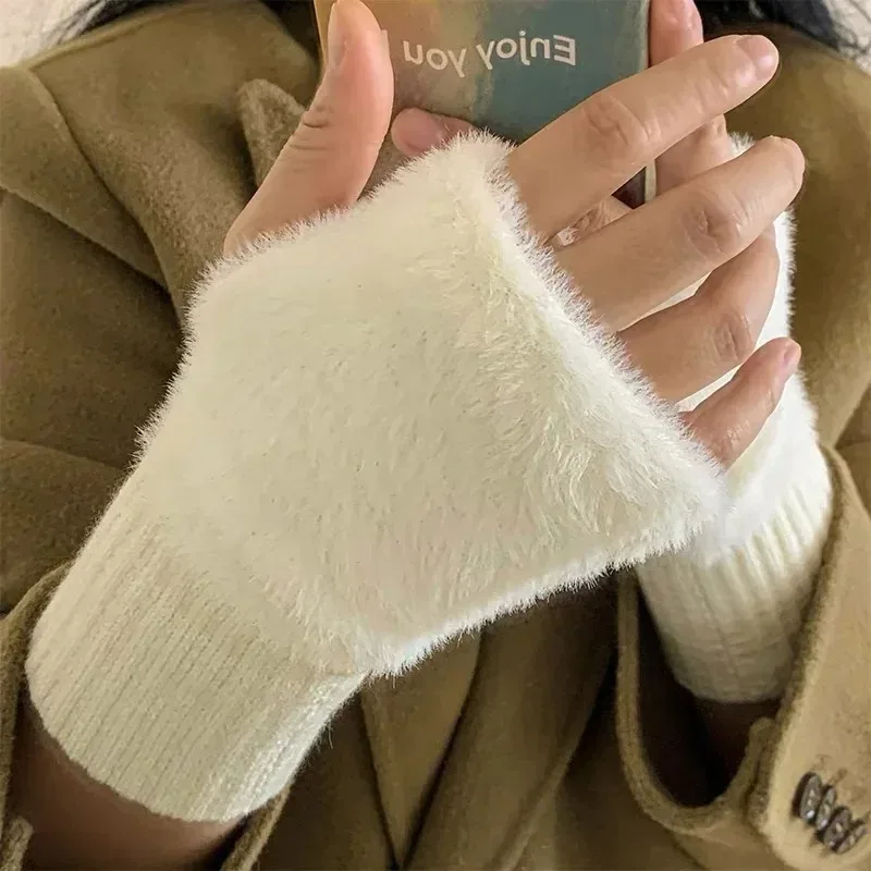 

Autumn/Winter Plush Half Finger Warm Gloves Student Write Cold Resistant Thicken Warm Gloves Cute Solid Color Half Finger Gloves
