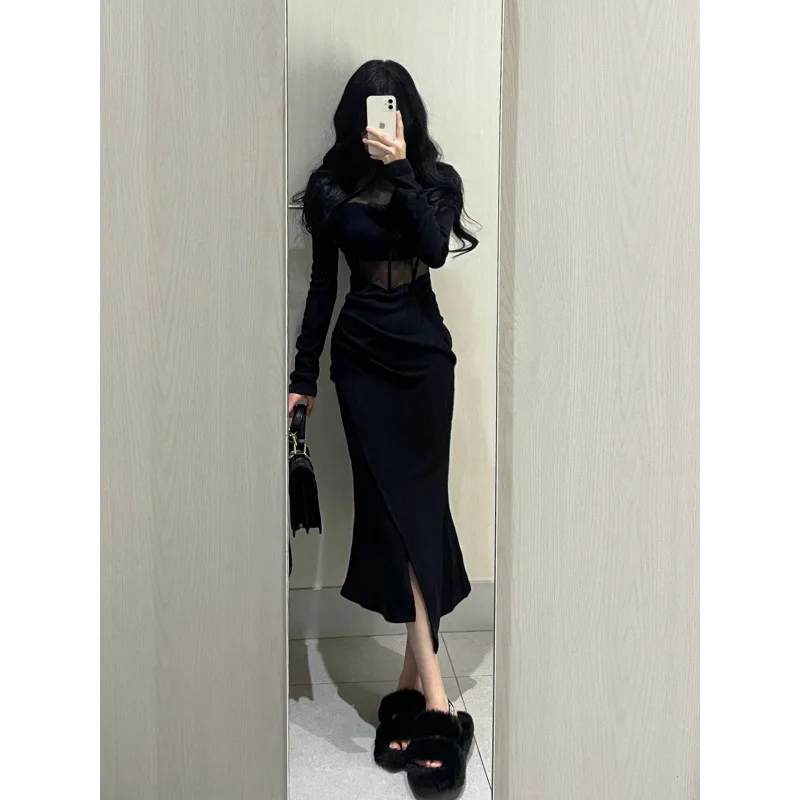 

Black French Spicy Girl Mesh Splicing Long Sleeve Dress For Women Spring Autumn Pure Desire Sexy Mid Length Bag Hip Dresses