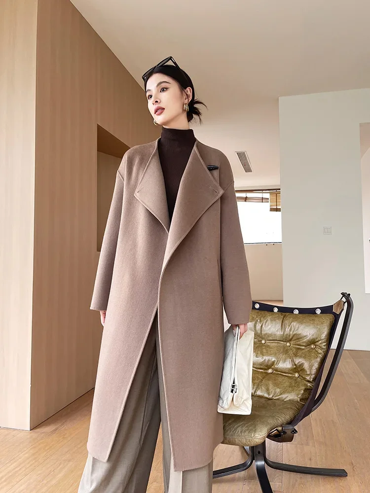Dual Purpose Collar Wool Coat Horn Button Women 100% Wool Overcoat Double-Layers Autumn Winter Long Jacket Thick Trench Coat #23