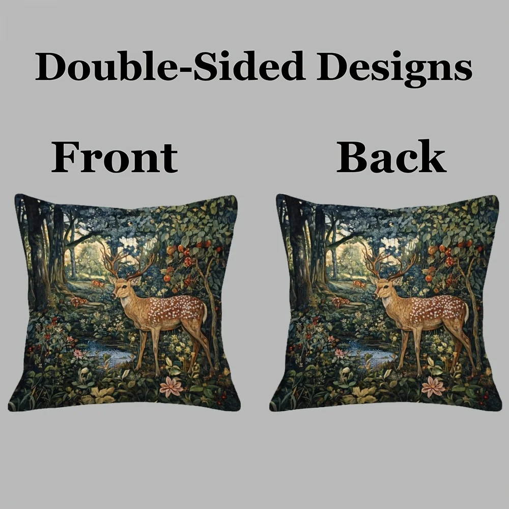 1pc, 18.0X18.0 inch, Short Plush Pillow Cover, William Morris The Brook Tapestry Forest Deer Painting Style Acrylic Print, Double-Sided Christmas Printed Pillow Cover for Sofa Bed Bedroom, Without Pillow Insert LTISAIQ4785