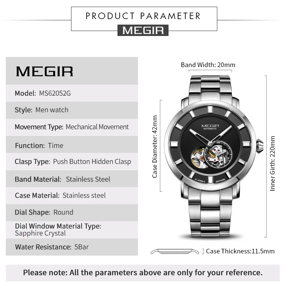 MEGIR Men Watch Hollow Out Automatic Mechanical Stainless Steel Wristwatch Waterproof Luxury Business Watches Montre Homme