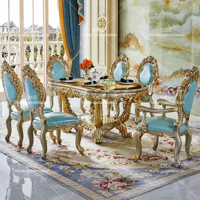 High-end European dining table 1.8 meters, all solid wood luxury villa high-end rectangular dining table and chair