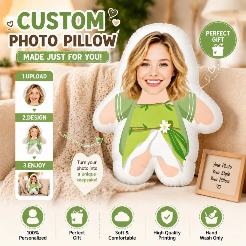 Custom Personalized Photo Face Pillow, Smiling Blonde Woman Green Outfit Custom Shaped Decorative Cushion, Unique Home Decor Acc